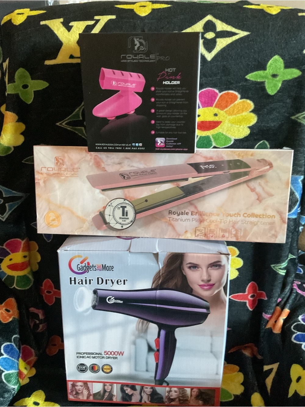 Royale Rose Gold Titanium Hair Straightener with Hot Pink Holder Set and Dryer